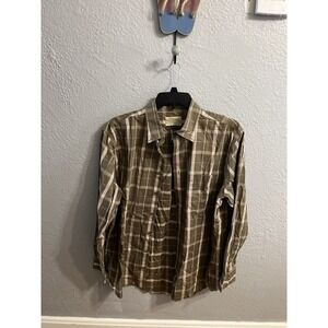 Cabelas Men's Size Large Tall Brown Red White Plaid Button Down Shirt